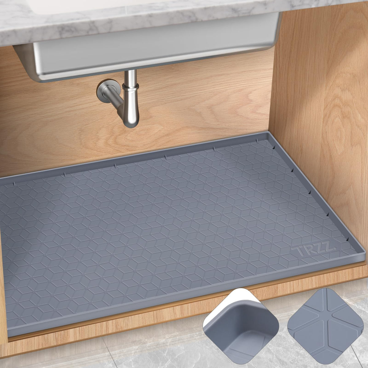 TRZZ under-sink mat 34x19 grey catching leaks and protecting cabinets