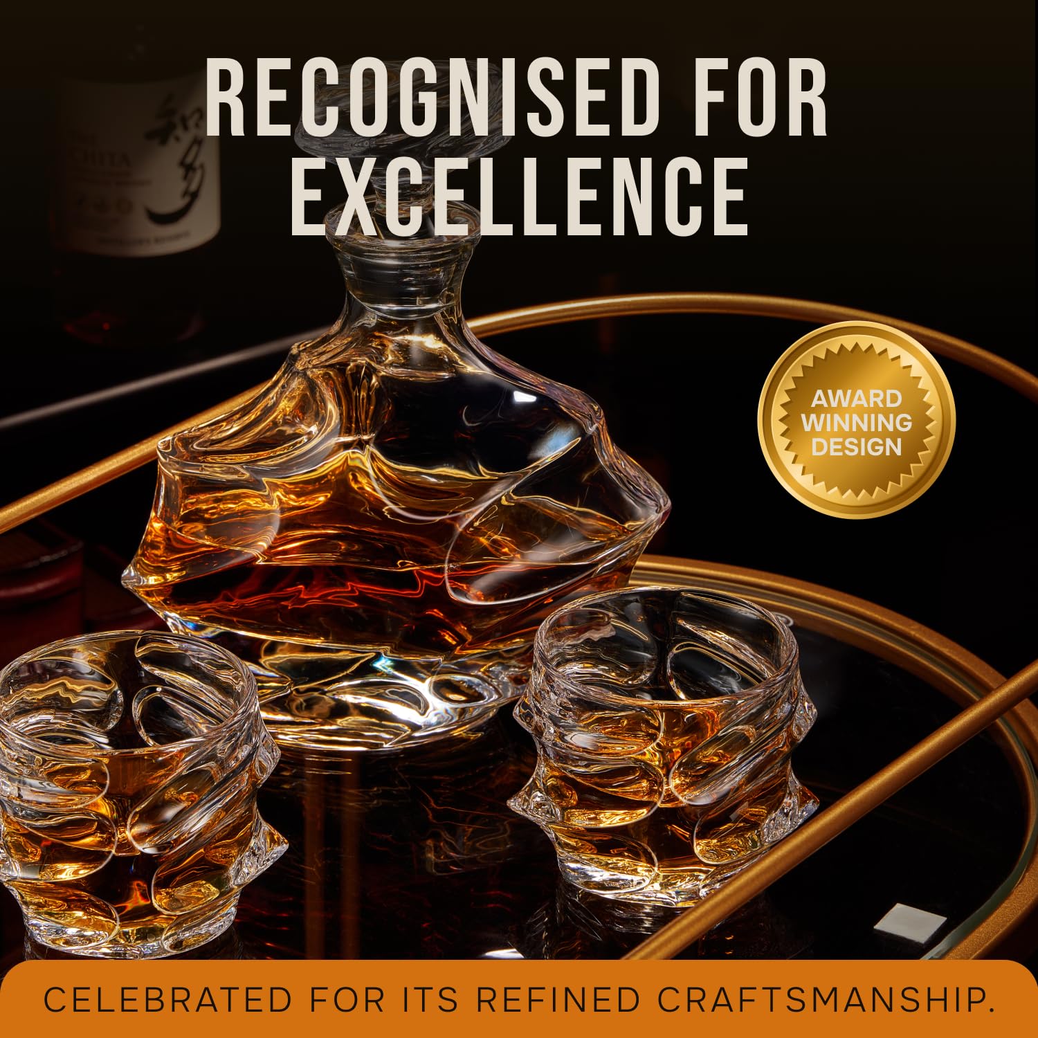 Stylish bar display featuring Tsukiglass Storm decanter as a centerpiece.