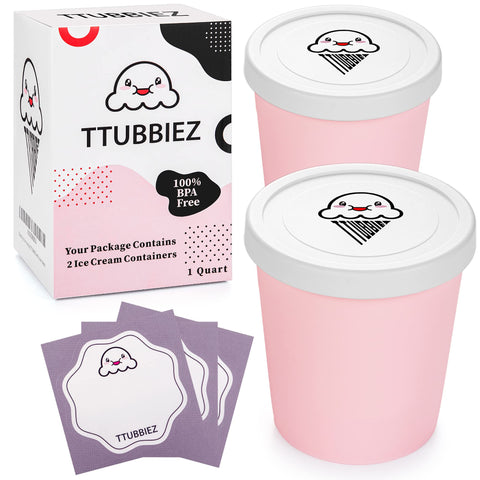 TTUBBIEZ ice cream container two-pack in pink, 1 quart each with a secure seal for freezer storage.