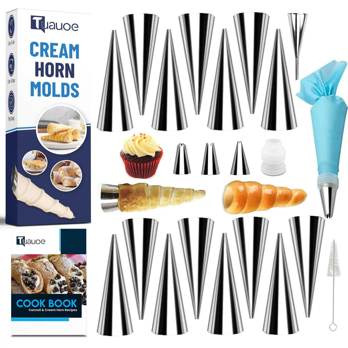 Tuauoe cream horn mold set for precise, mess-free pastry shells.