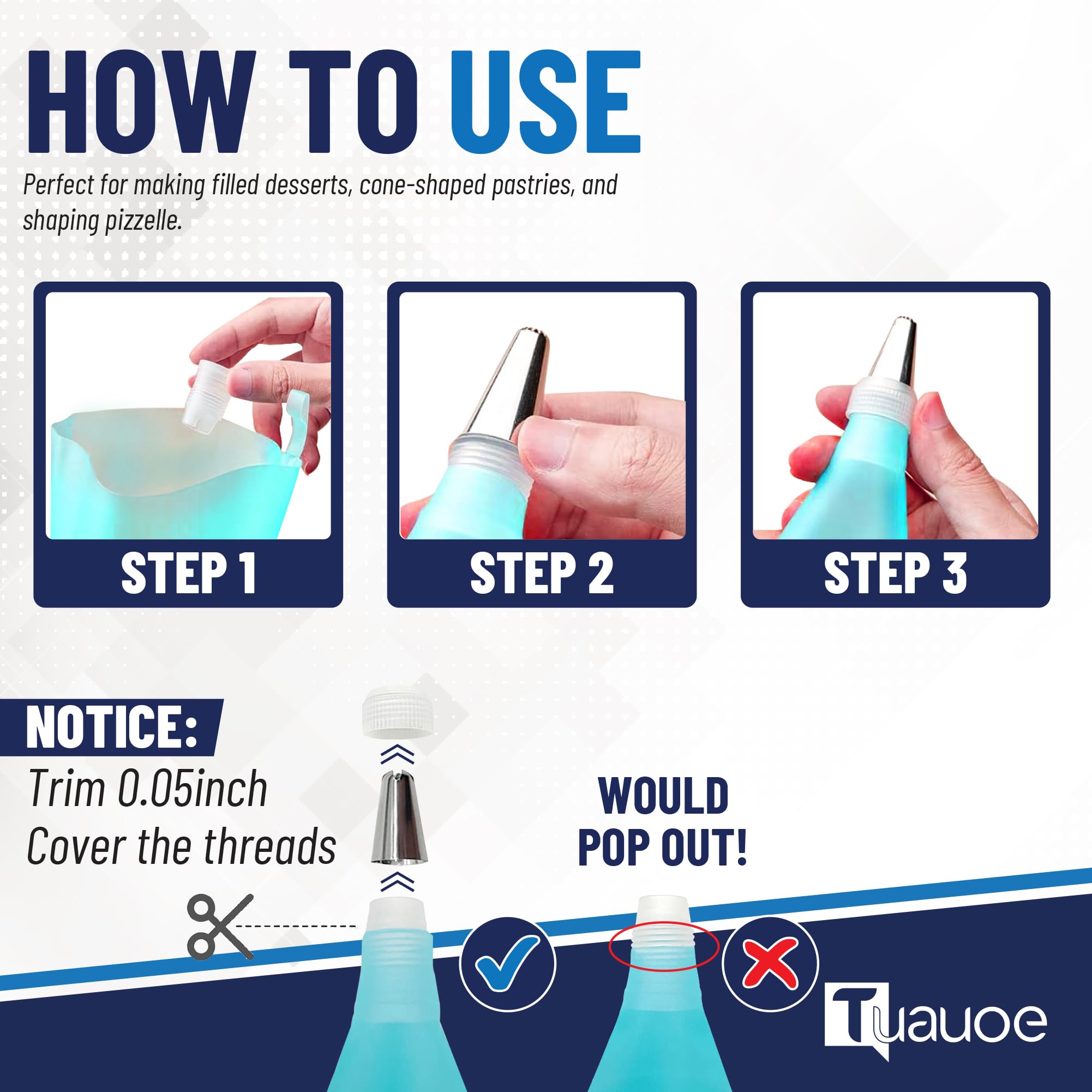 Tuauoe piping tips and bag set enables precise decorating and filling.