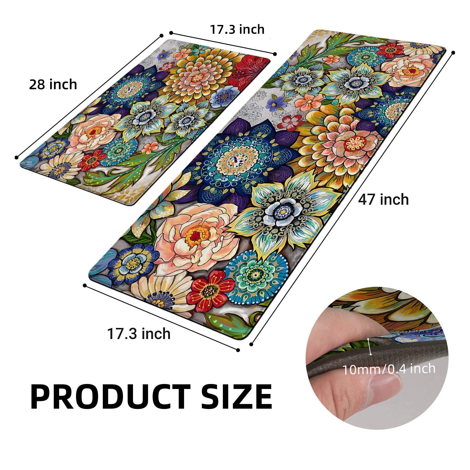 Tubeamin Boho Floral kitchen mats 17x28, side view, anti-fatigue support.