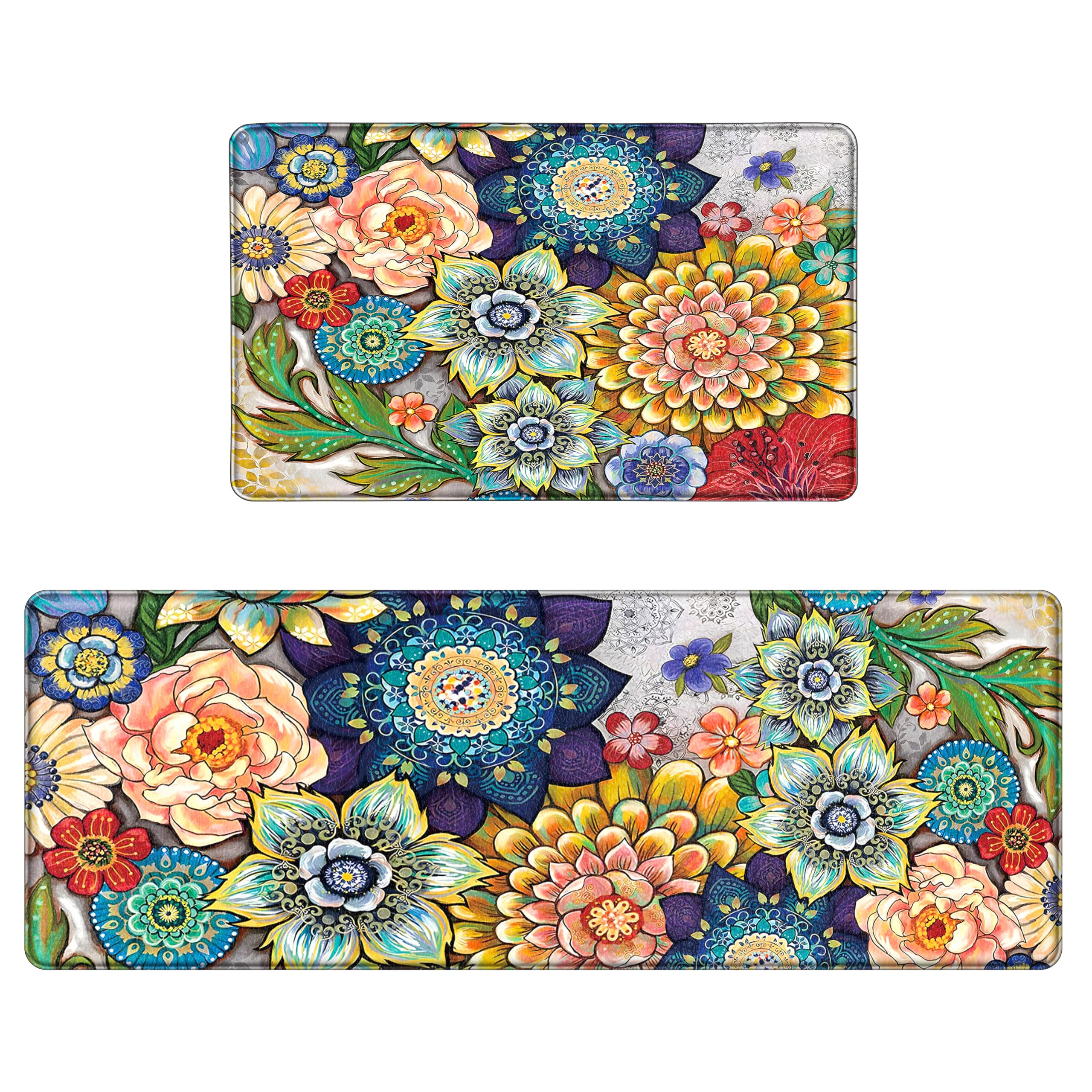 Tubeamin Boho Floral kitchen mat 17x28, top view, cushioned comfort.