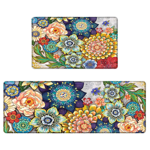 Tubeamin Boho Floral kitchen mat 17x28, top view, cushioned comfort.