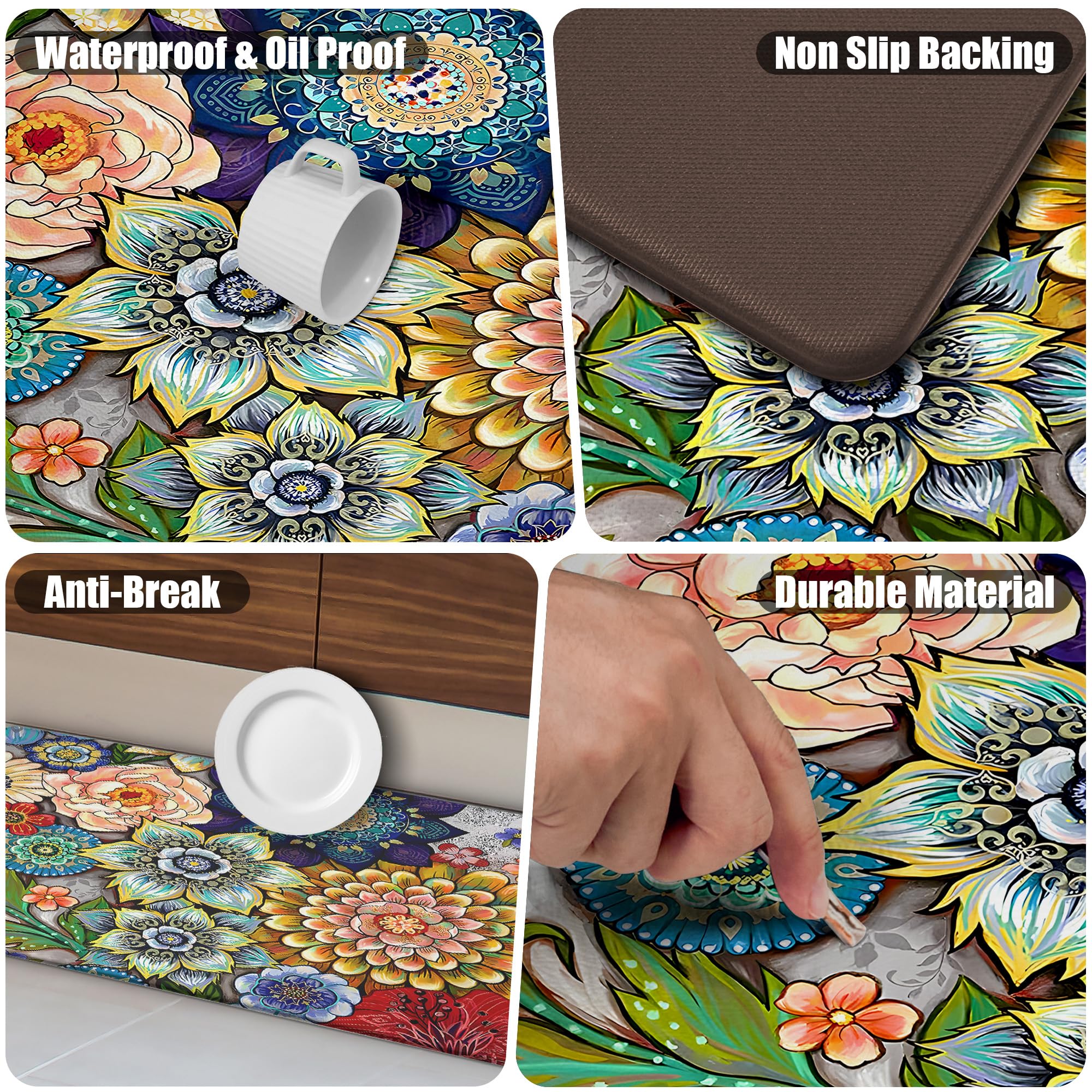 Tubeamin Boho Floral kitchen mats 17x47, side view, long coverage.