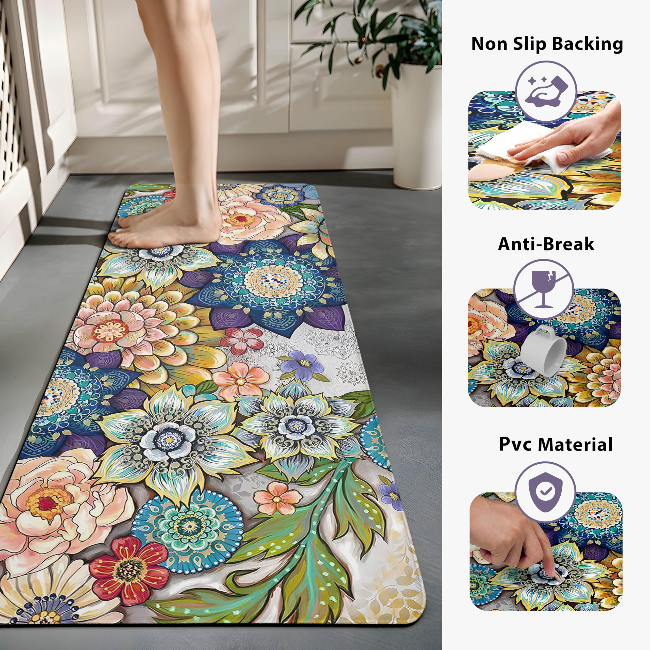 Tubeamin Boho Floral kitchen mats 17x47, top view, extended cushioning.