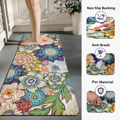 Tubeamin Boho Floral kitchen mats 17x47, top view, extended cushioning.