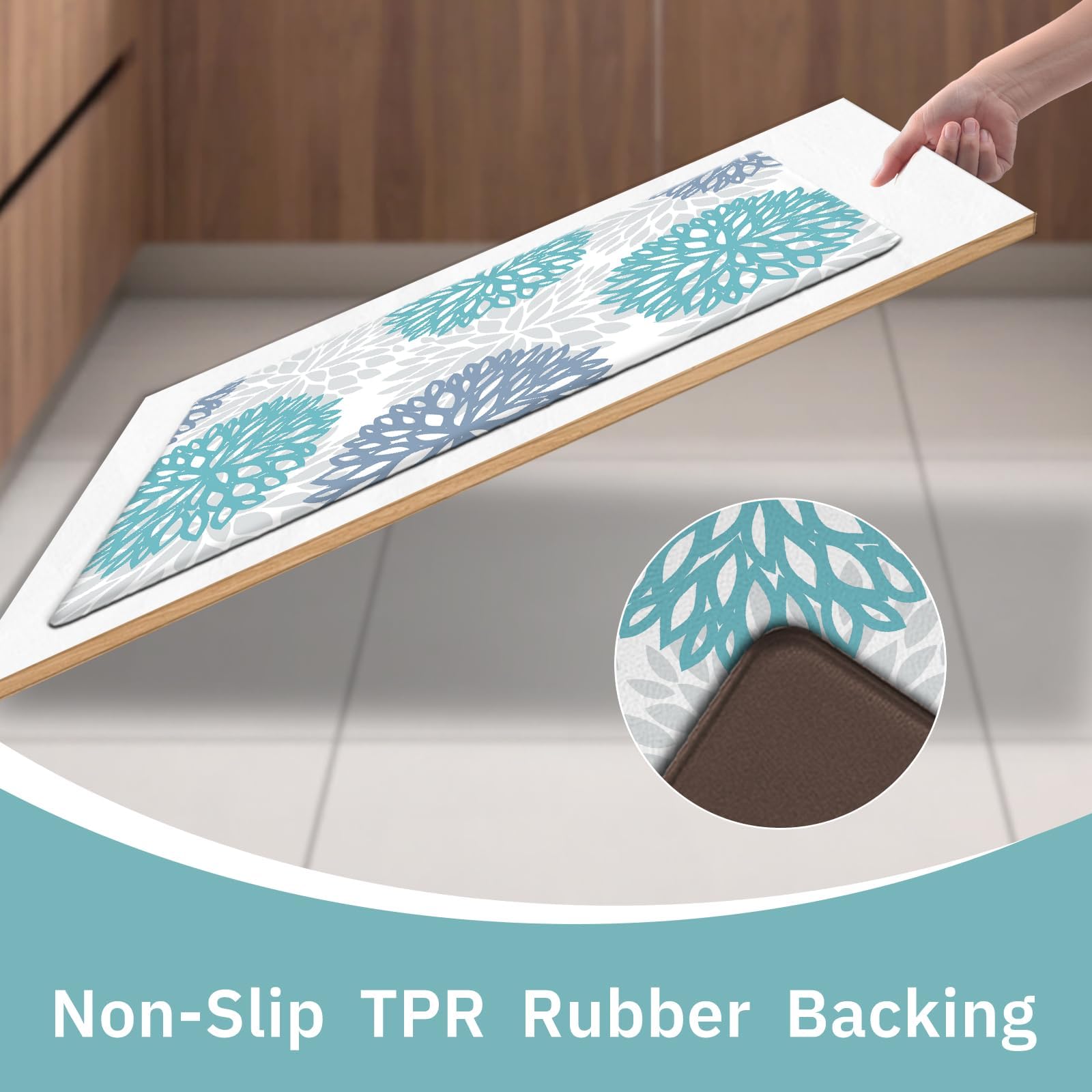 Teal Tubeamin kitchen mats being wiped clean for easy maintenance.