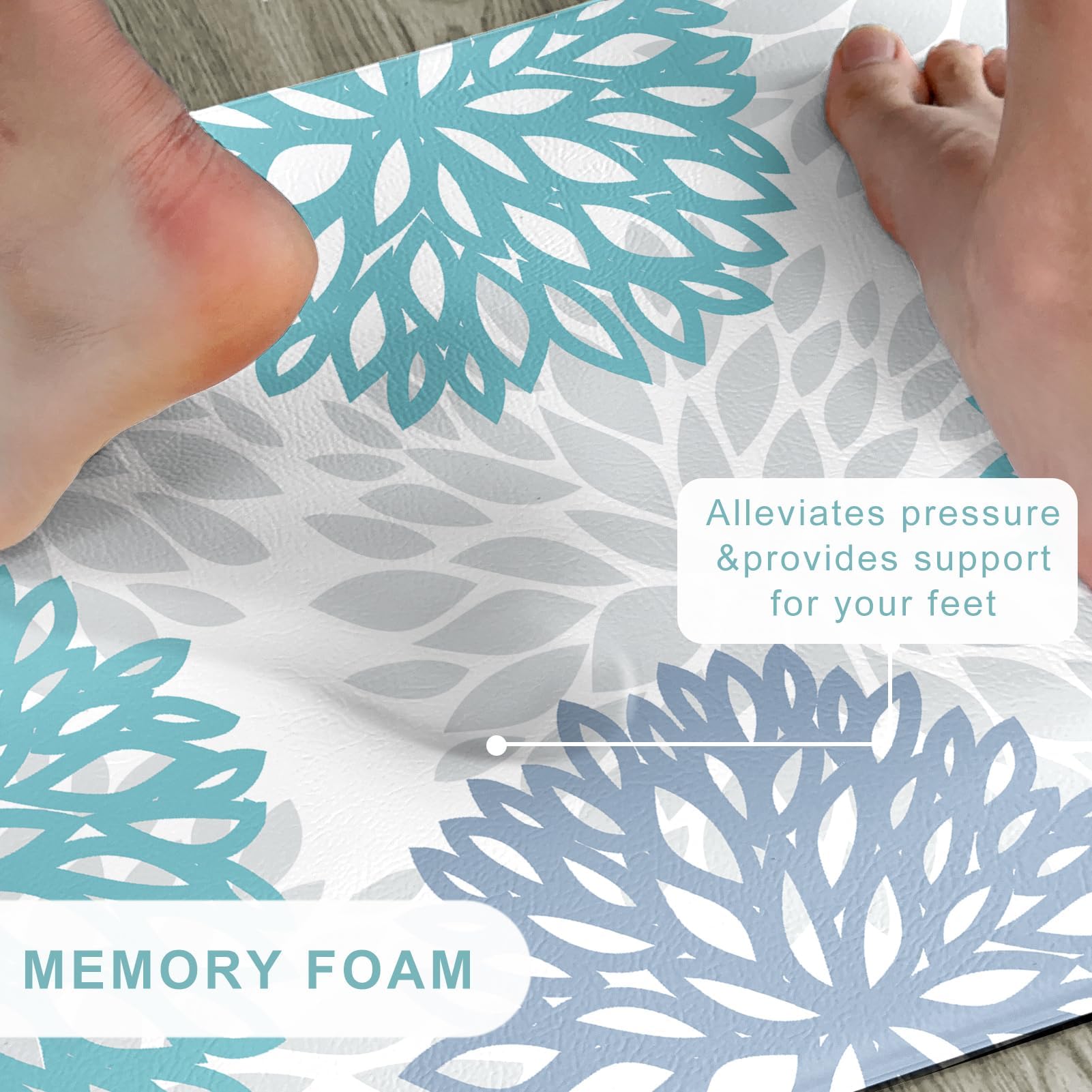 Memory foam cushion detail on Tubeamin teal kitchen mats.
