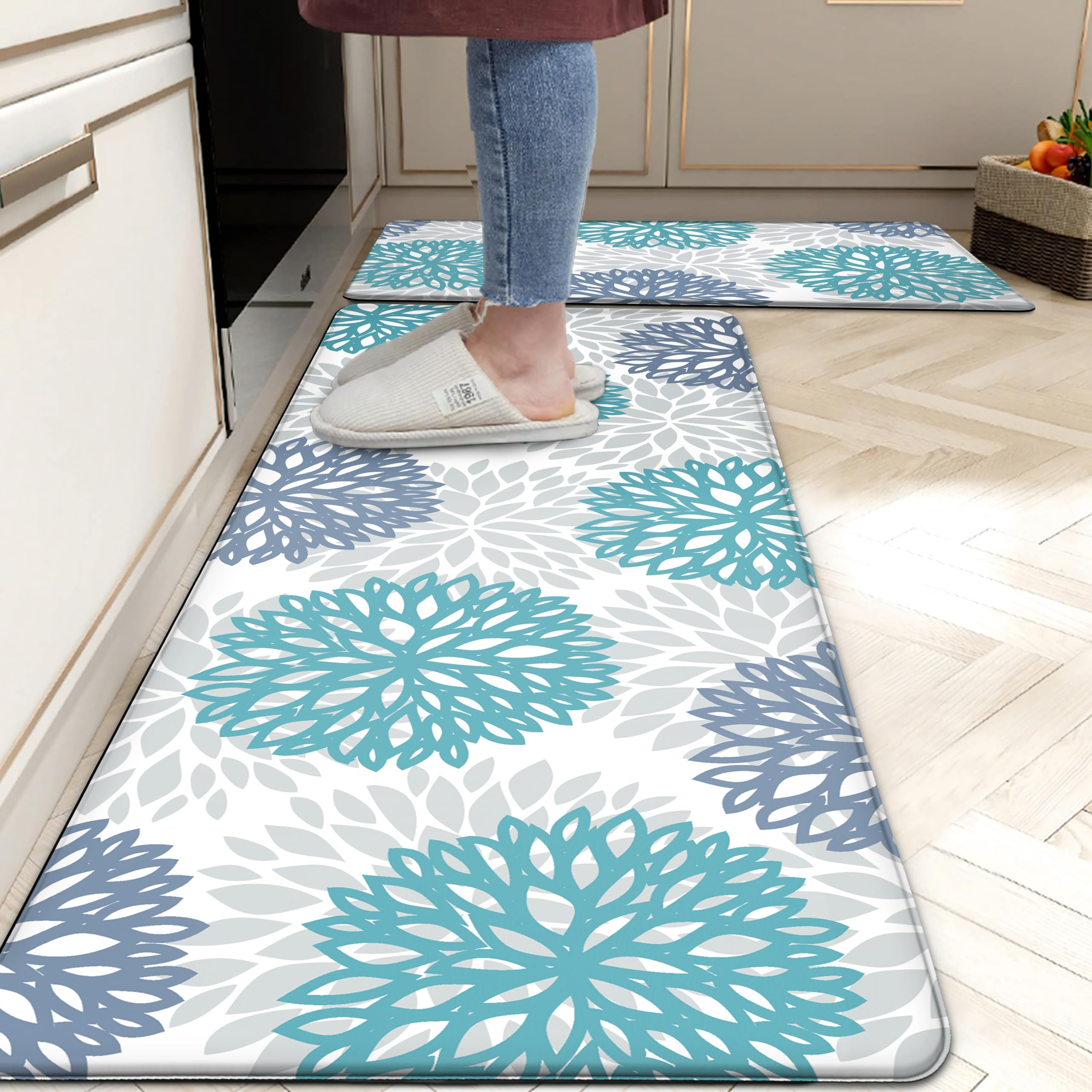 Tubeamin Teal Kitchen Mats set of 2 with anti-fatigue cushions for comfortable standing.