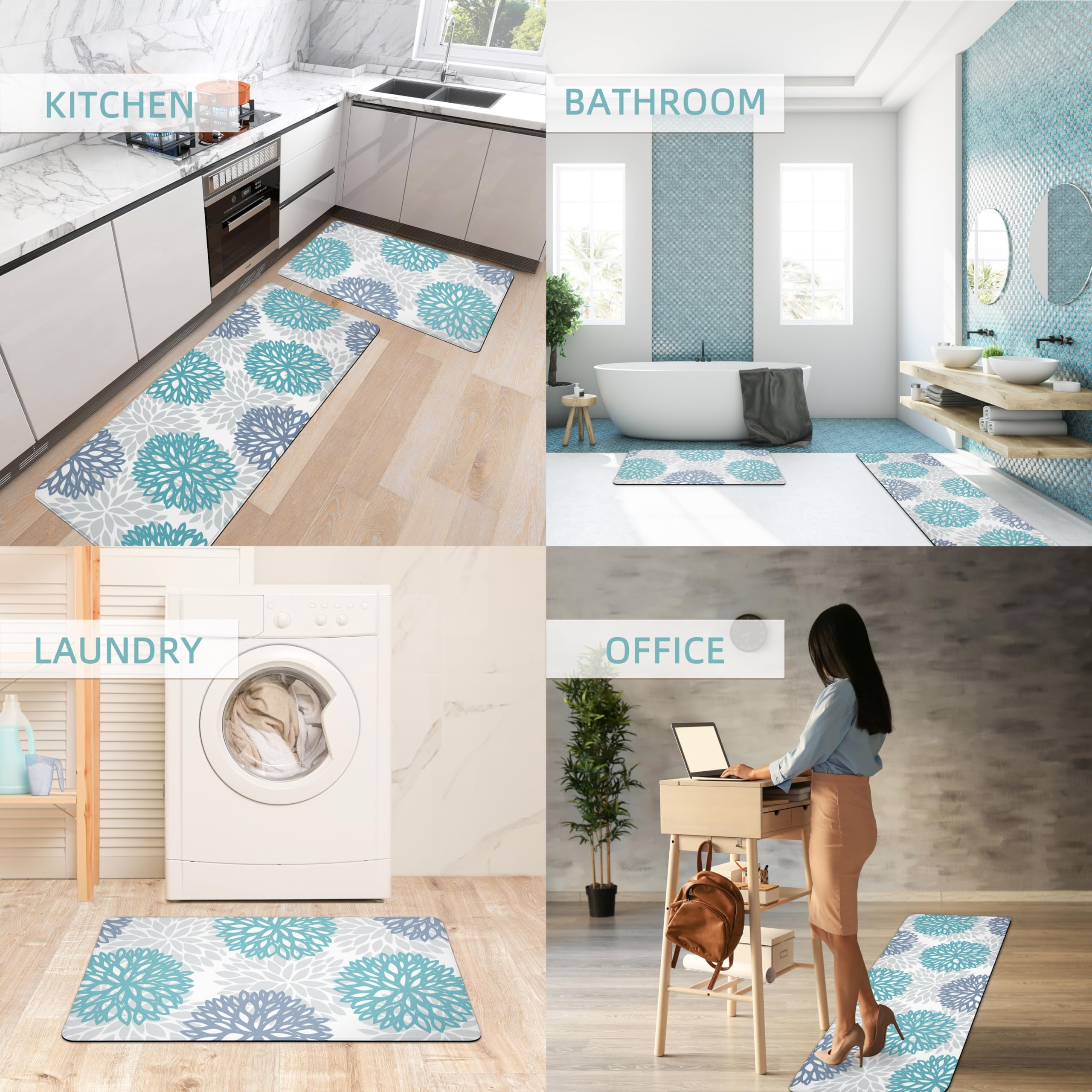 Tubeamin teal kitchen mats used in various spaces like sink and office.