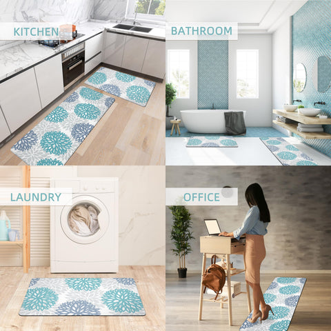 Tubeamin teal kitchen mats used in various spaces like sink and office.
