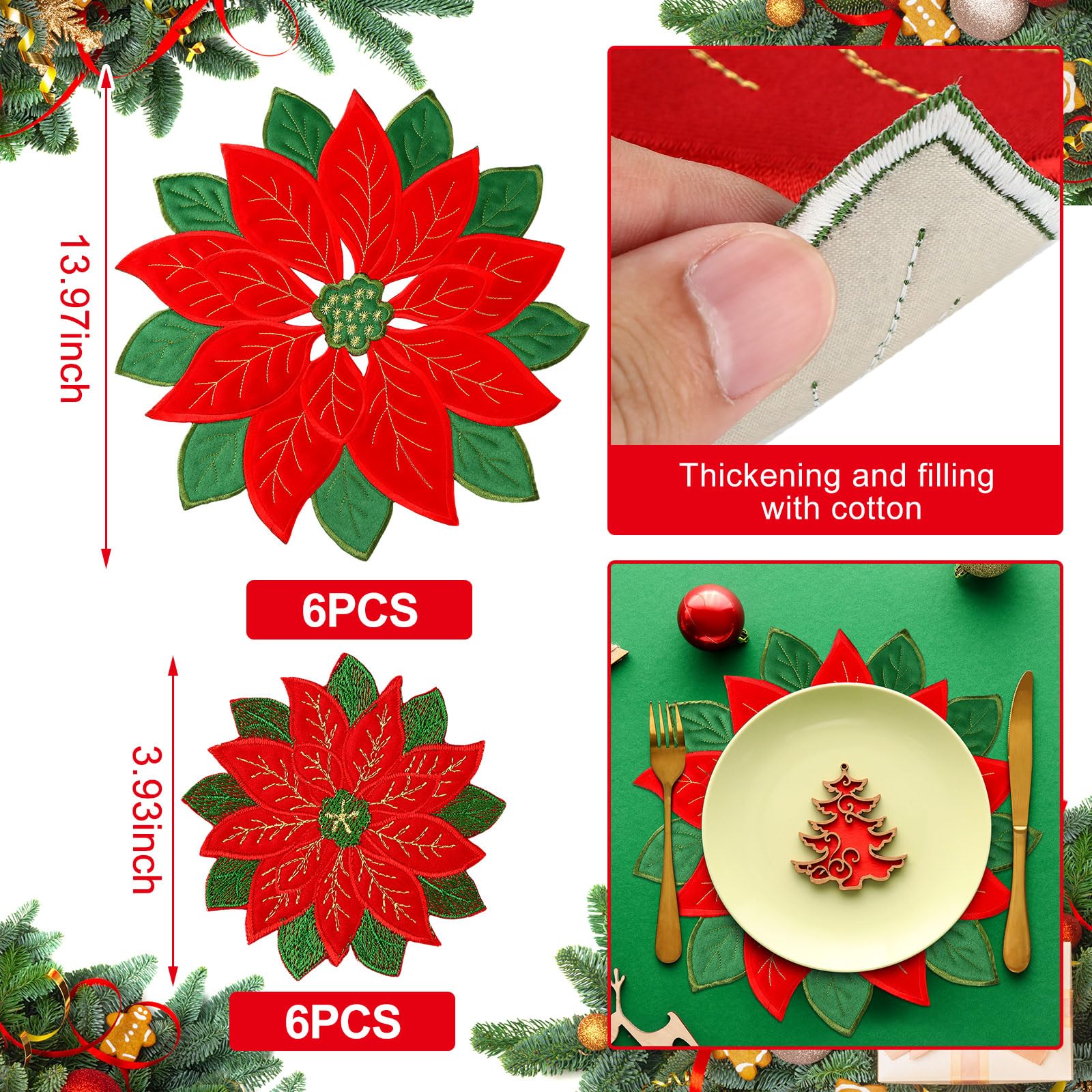 Tudomro embroidered poinsettia detail adds festive charm to meals.