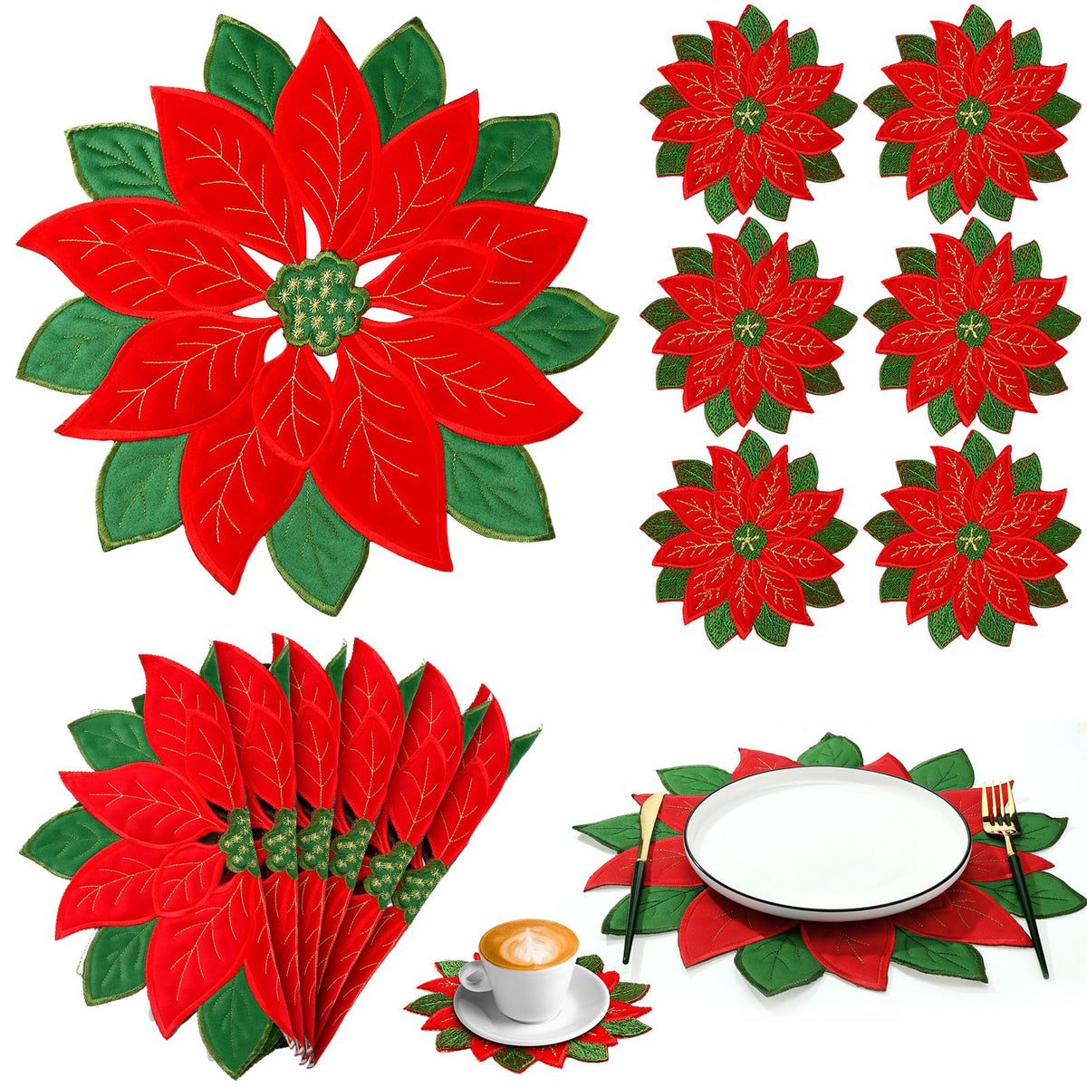 Tudomro poinsettia placemats brighten festive tables with durable embroidery.