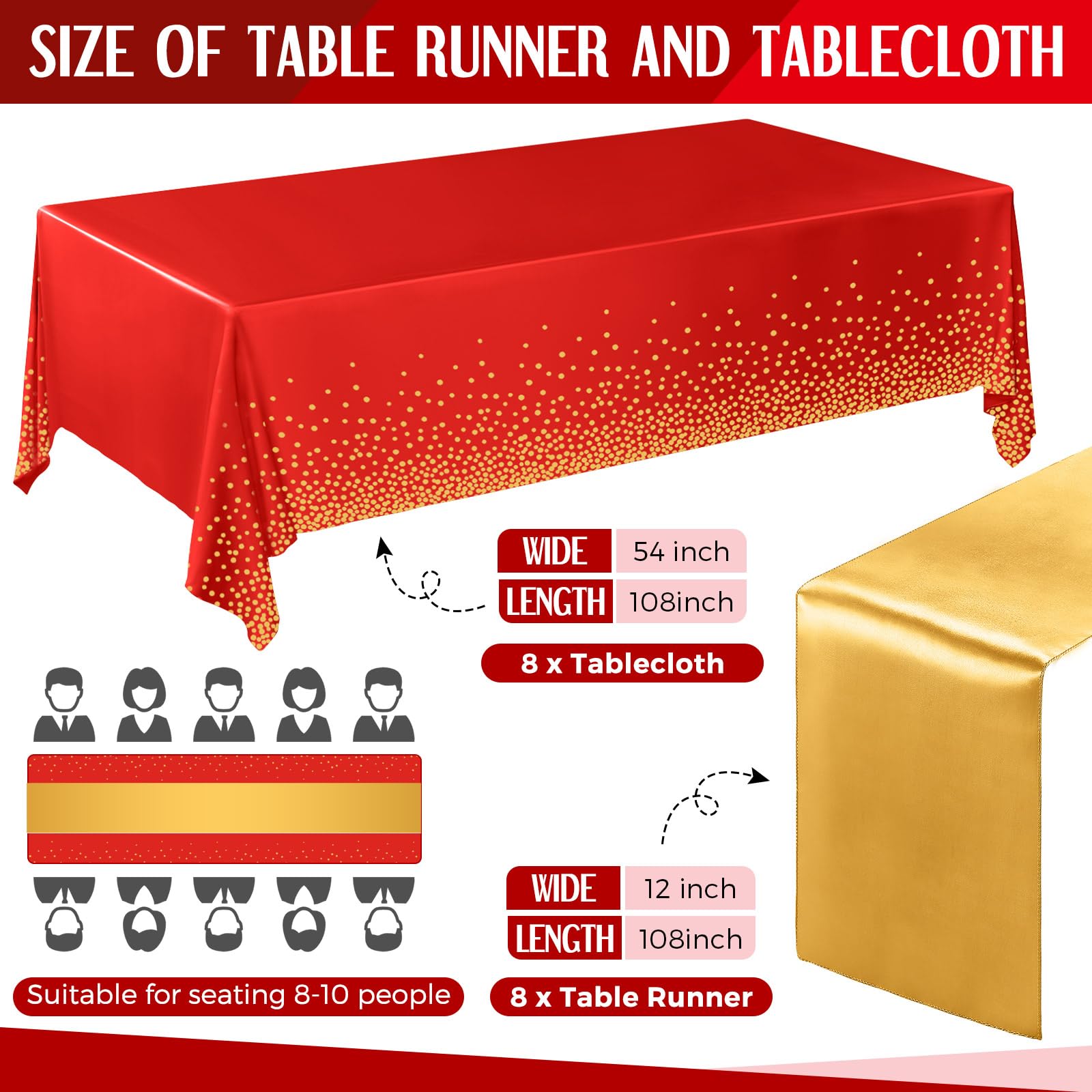 Tudomro satin table runner in red and gold adds elegant sheen.