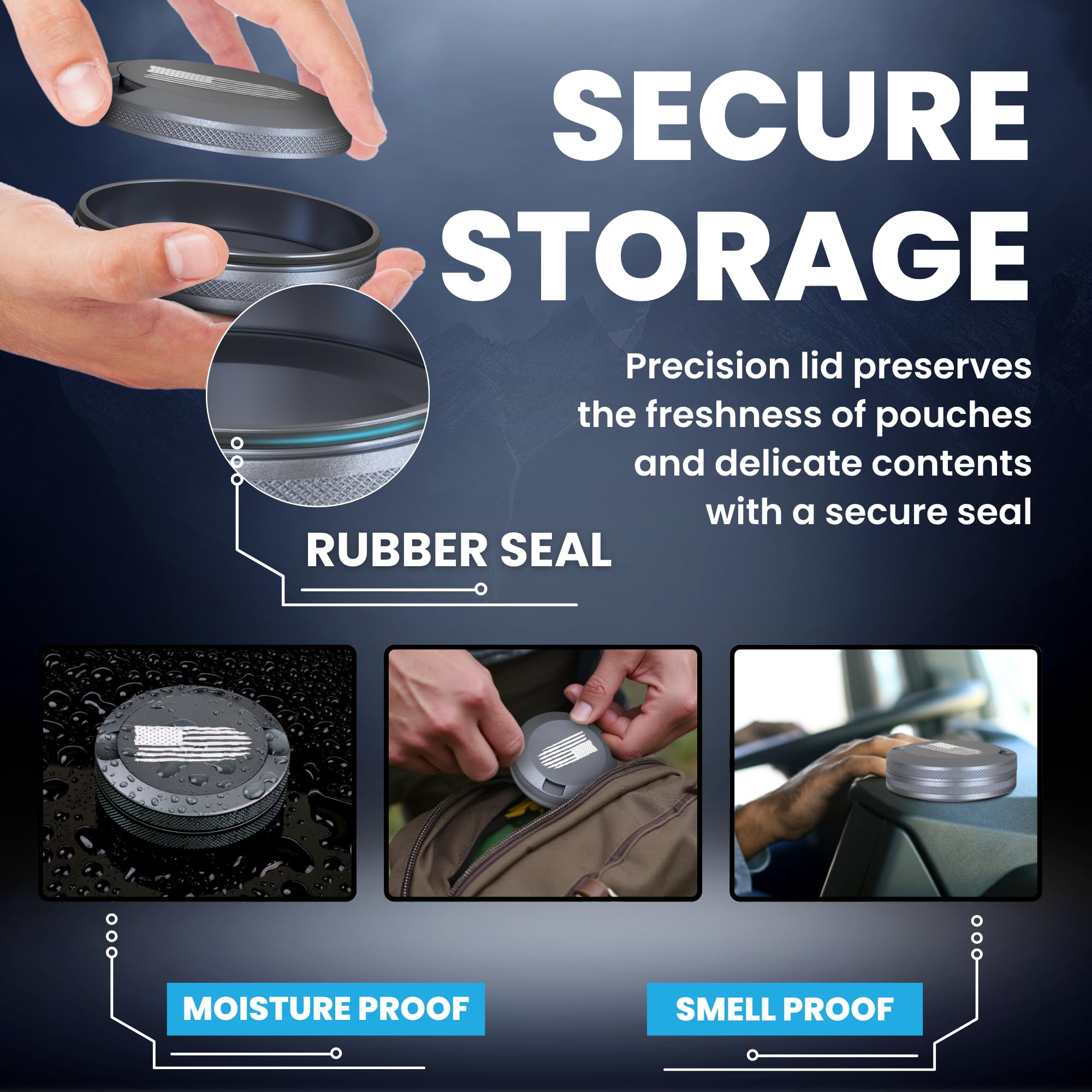 TuffTynz knurled-edge metal container fits easily in pockets or bags for quick access.