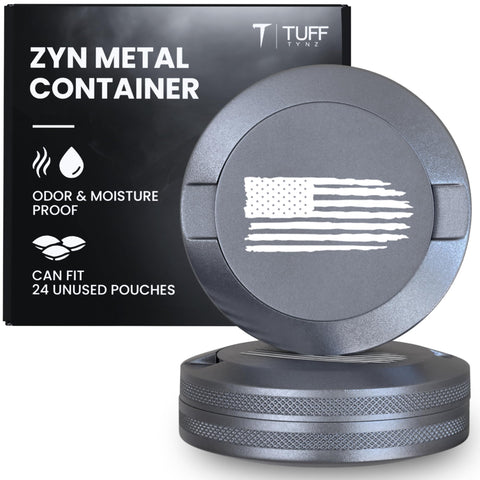 TuffTynz The Patriot gray Zyn can with knurled edge for secure, odor-proof storage.