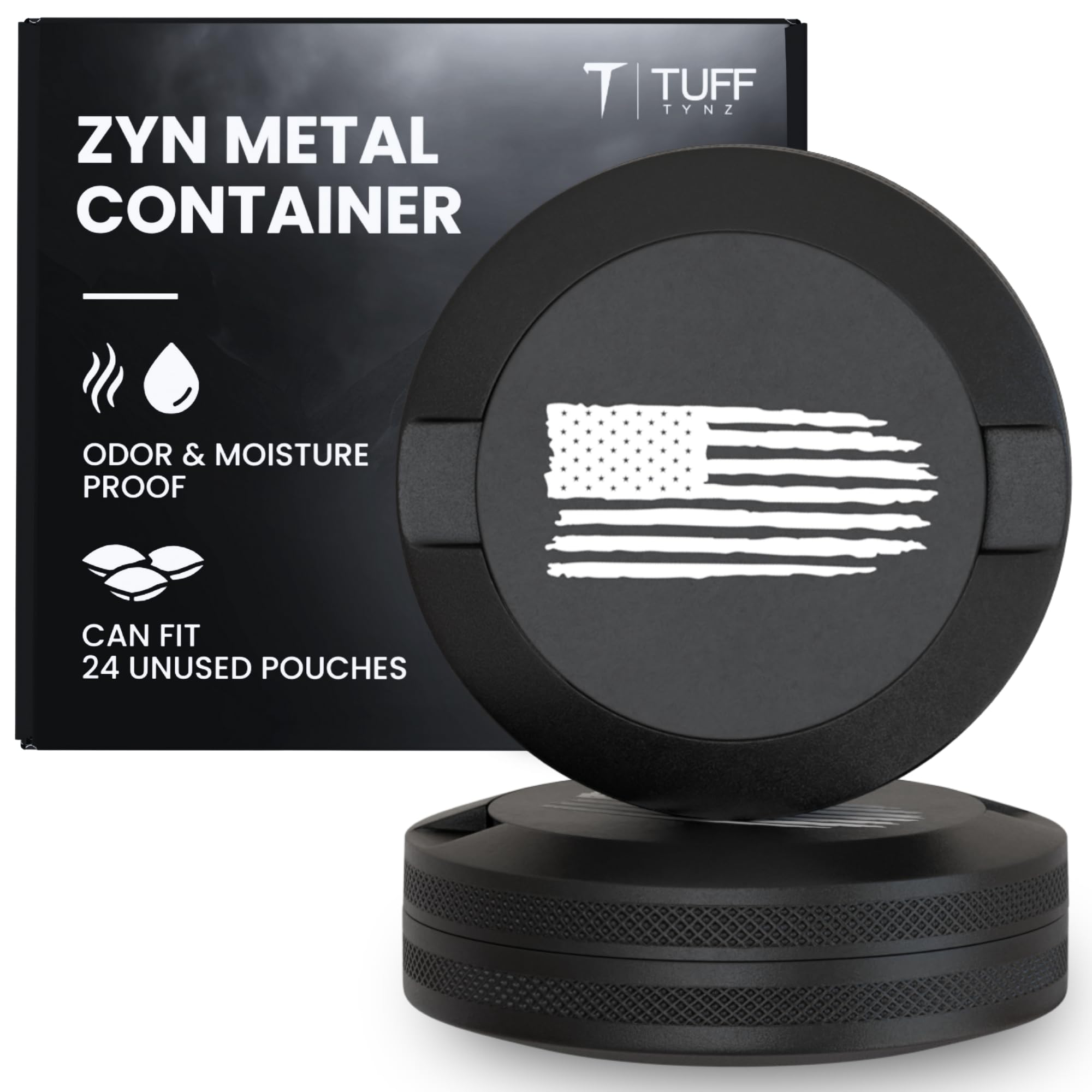 TuffTynz Patriot Zyn metal can with knurled edge for secure grip on the go.