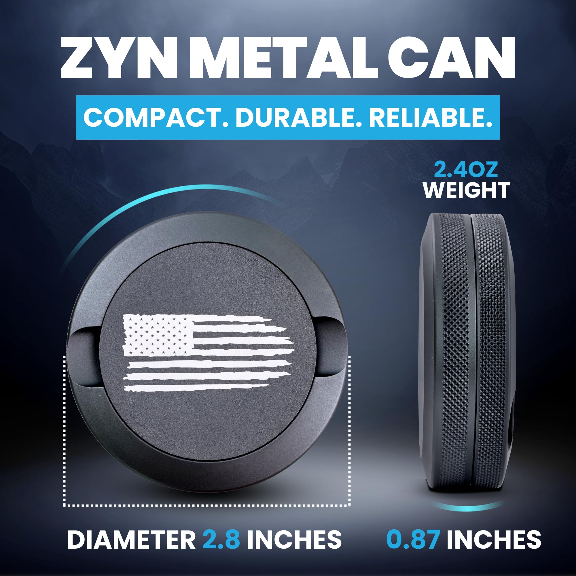 TuffTynz premium aluminum Zyn container showing compact on-the-go design for discreet pouches.