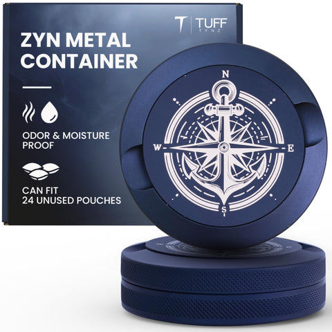 TuffTynz premium Zyn metal can front view, durable odor-proof storage for pouches.