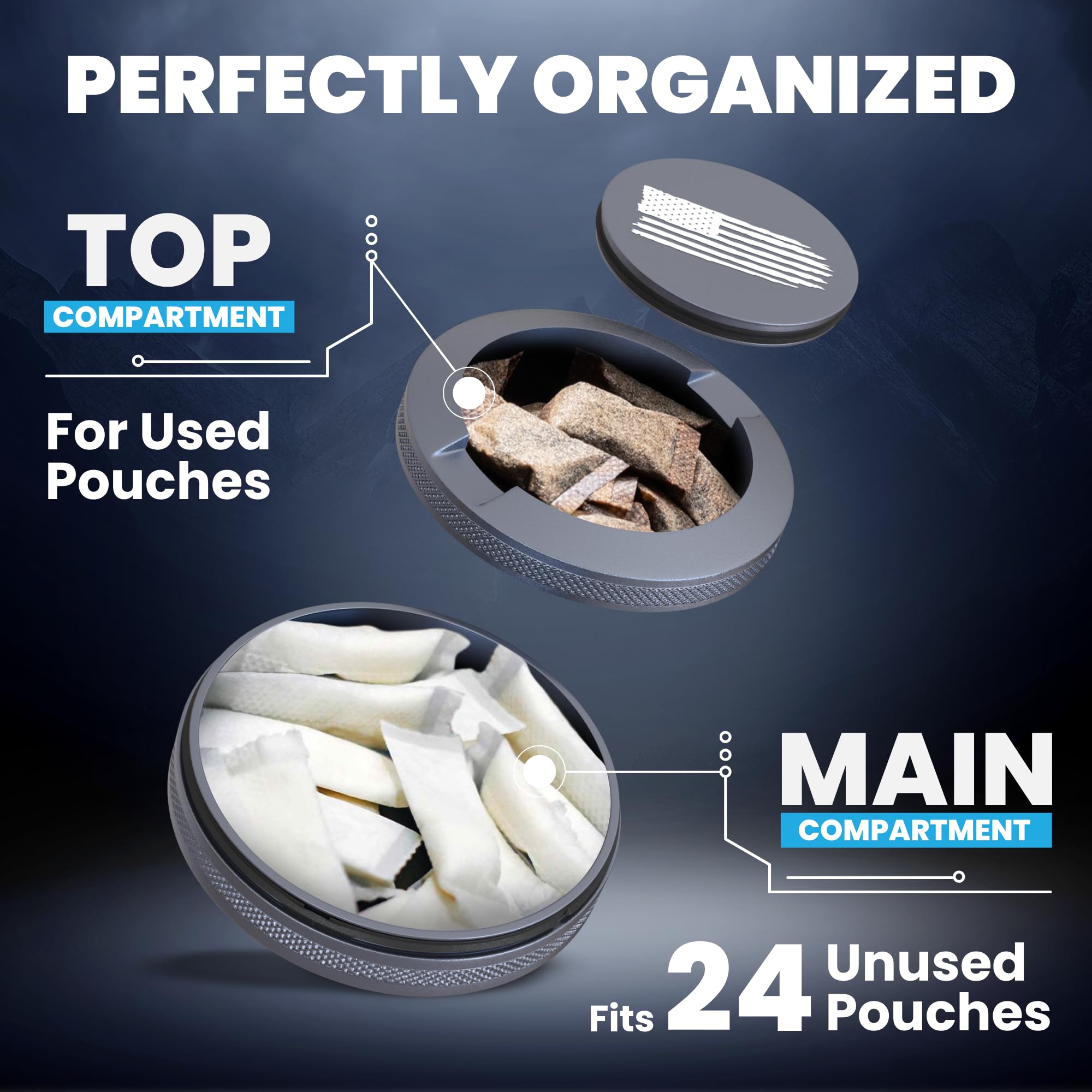 TuffTynz Zyn tin with secure O-ring seal keeps freshness and prevents spills during travel.