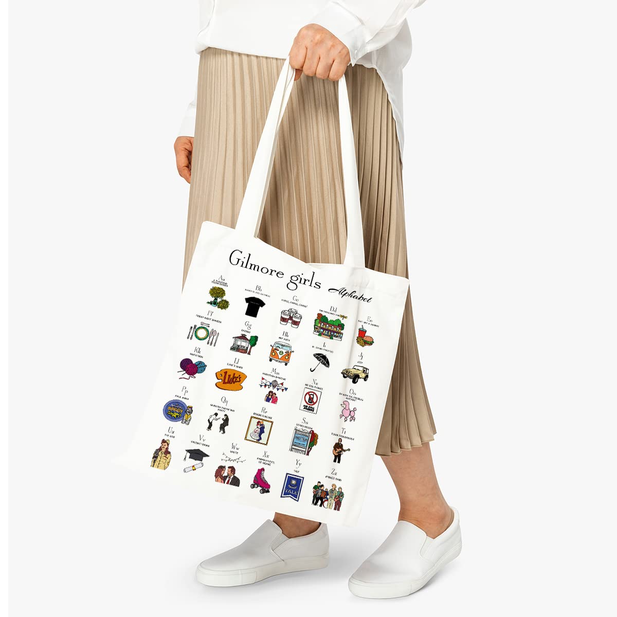 Tuilia Gilmore Girls alphabet tote pattern detail, vibrant design for casual outings.