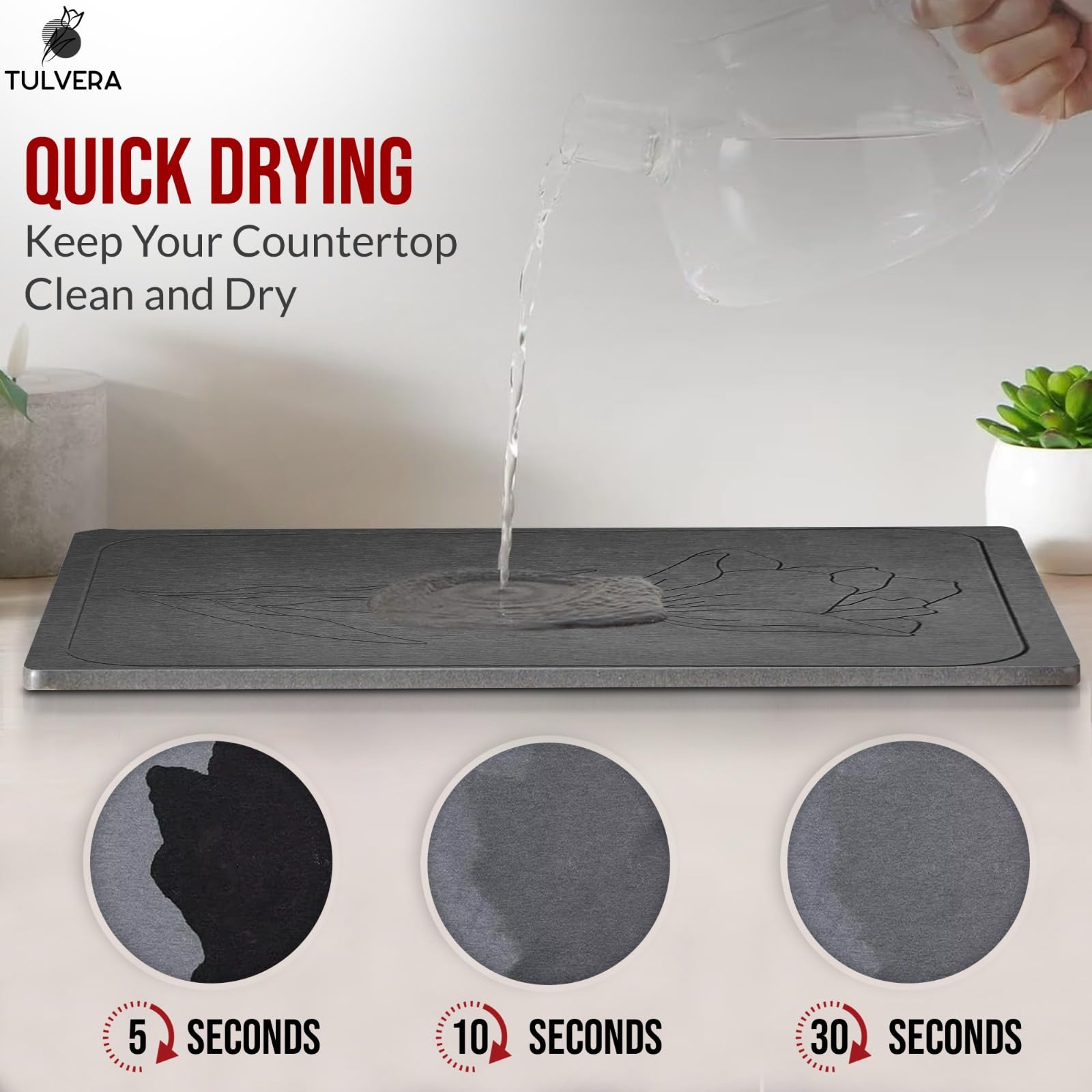 Tulvera diatomite mat demonstrates fast moisture absorption on a kitchen counter.