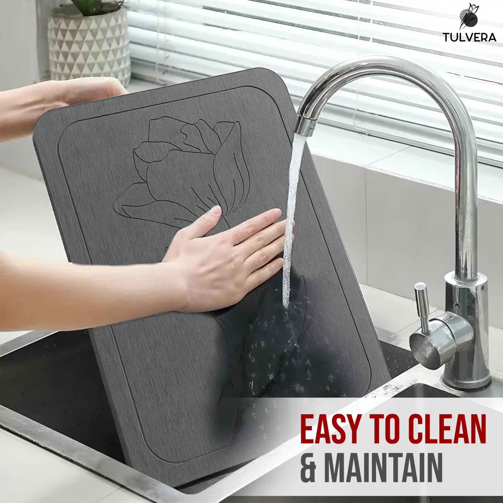 Tulvera mat cleanup shows rinse-and-wipe simplicity and light sanding for tougher stains.