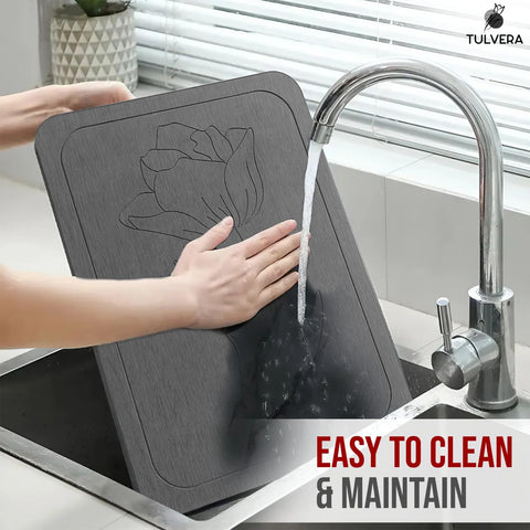 Tulvera mat cleanup shows rinse-and-wipe simplicity and light sanding for tougher stains.