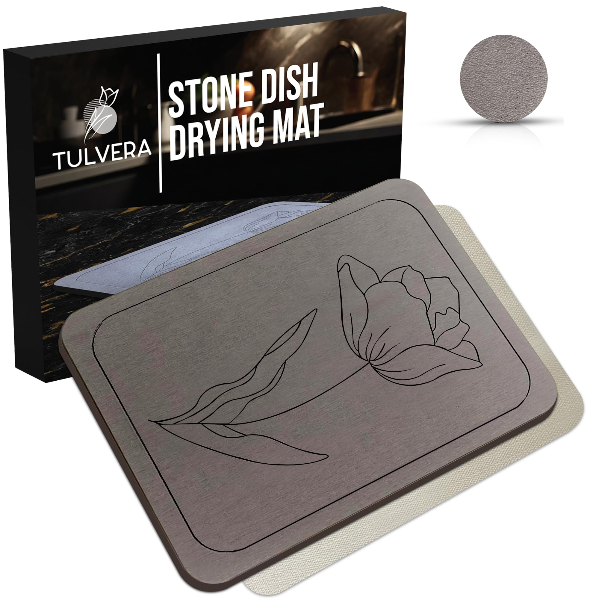 Tulvera Stone Dish Drying Mat on counter with engraved floral design for quick, drip-free drying.