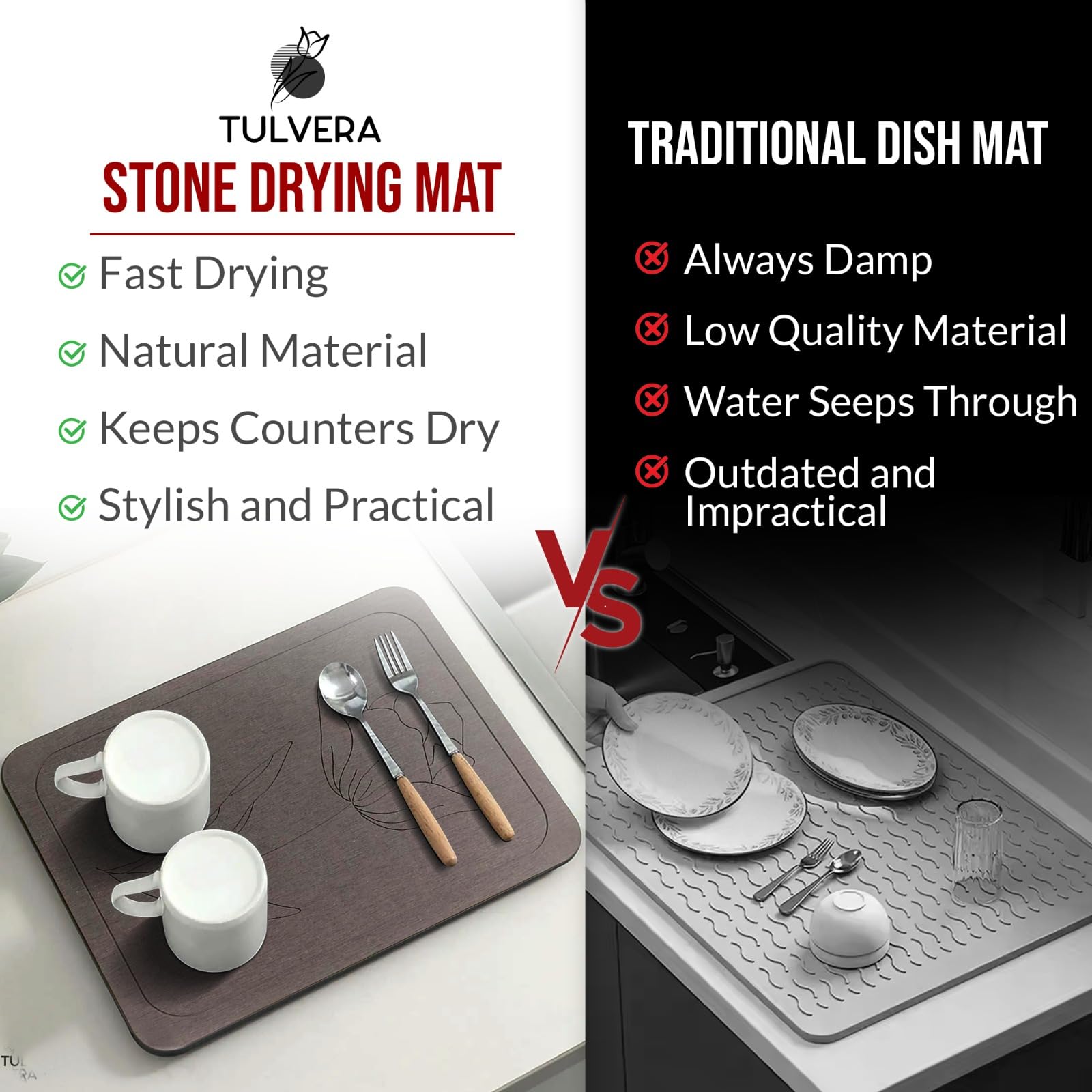 Tulvera stone mat endures heat from pots and kettles on the countertop.