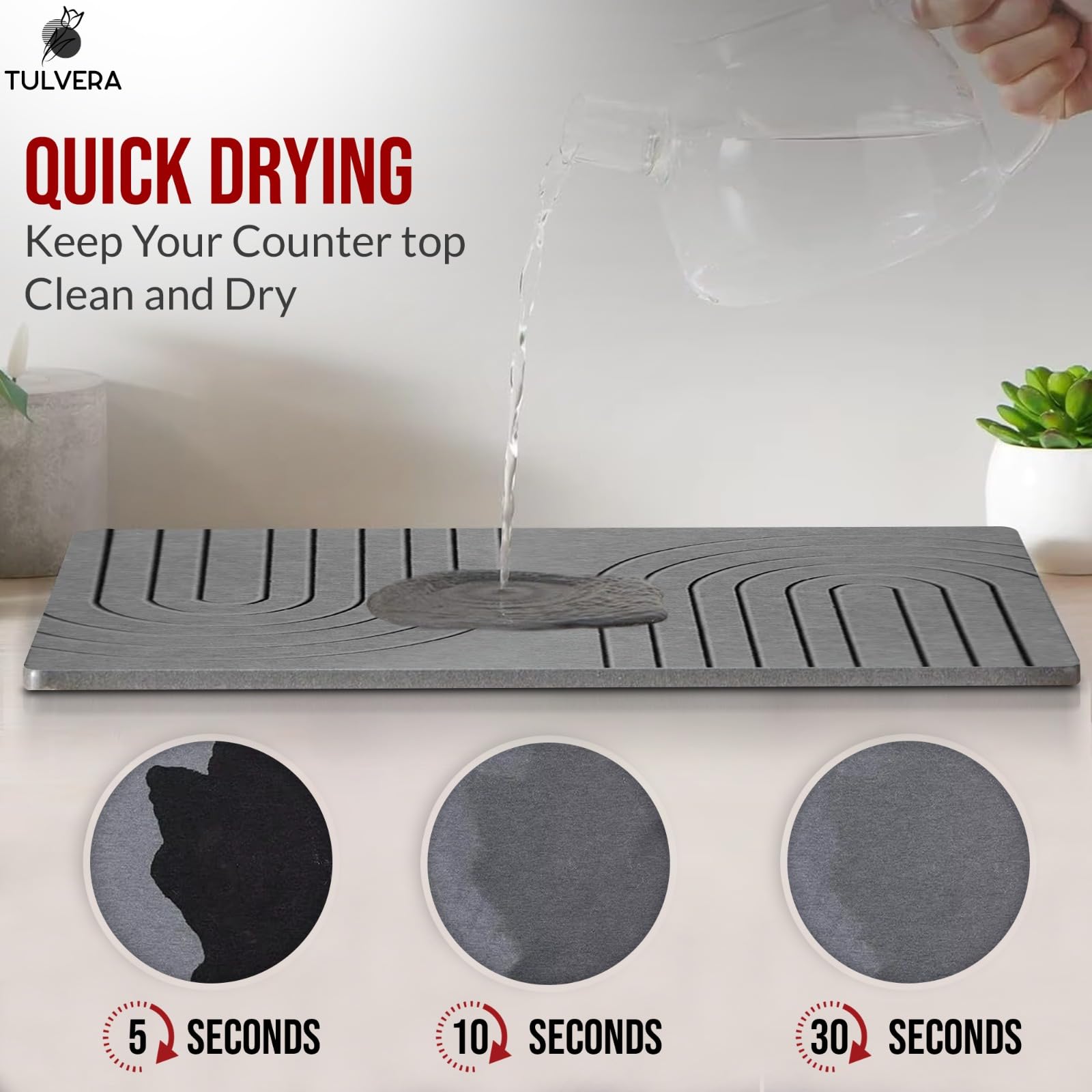 Tulvera Stone Drying Mat features a wave engraving and non-slip base for stability.