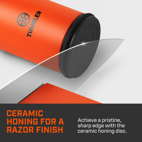 TUMBLER Pro in use on a kitchen counter demonstrates controlled sharpening.