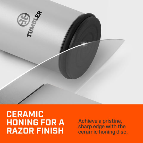 Tumbler Pro sharpener with rugged resin body and magnetic knife holder.