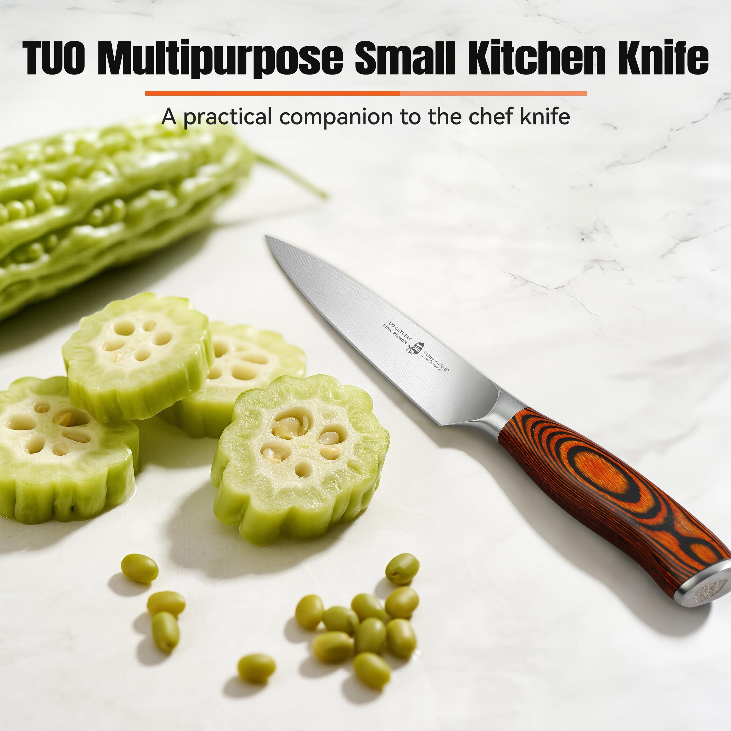 TUO Fiery Phoenix knife edge sharpened for clean vegetable prep.