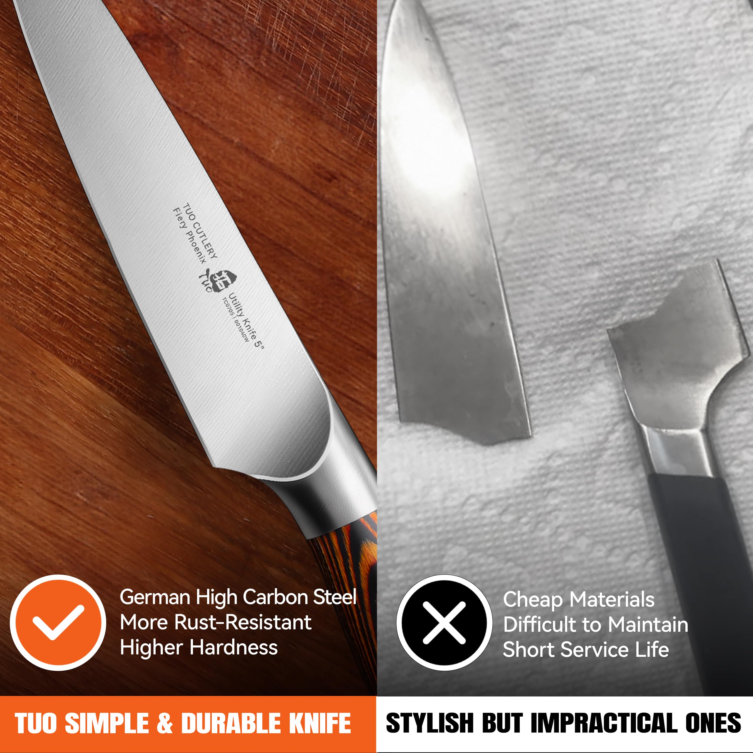 TUO Fiery Phoenix knife on cutting board ready for versatile prep tasks.