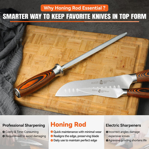 TUO honing rod supports daily sharpening for quick edge realignment.