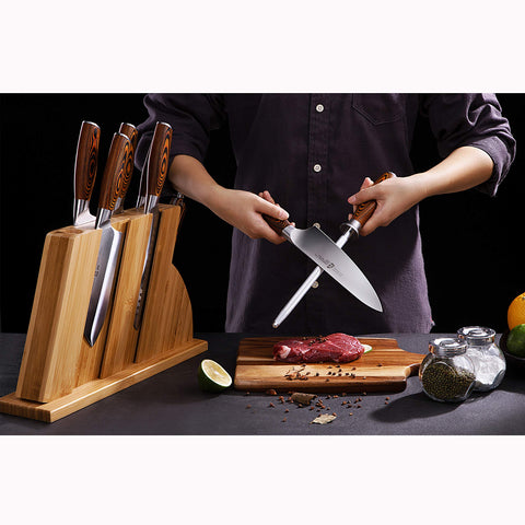 TUO honing rod eight-inch length fits neatly in drawers and blocks.