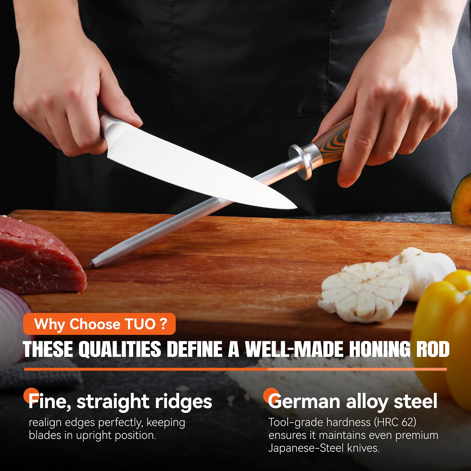 TUO honing rod fits in knife roll for on-the-go maintenance.