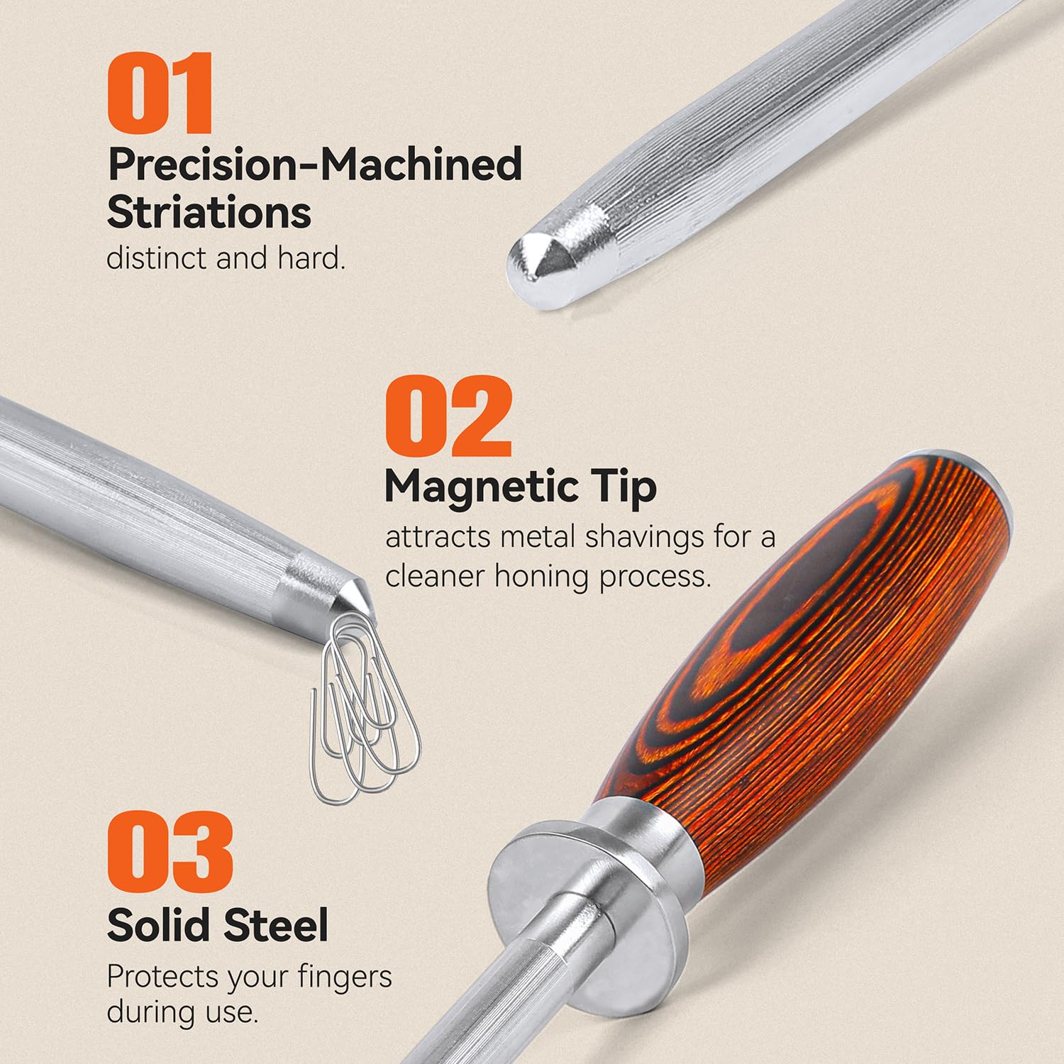 TUO honing rod sturdy steel core supports consistent honing.