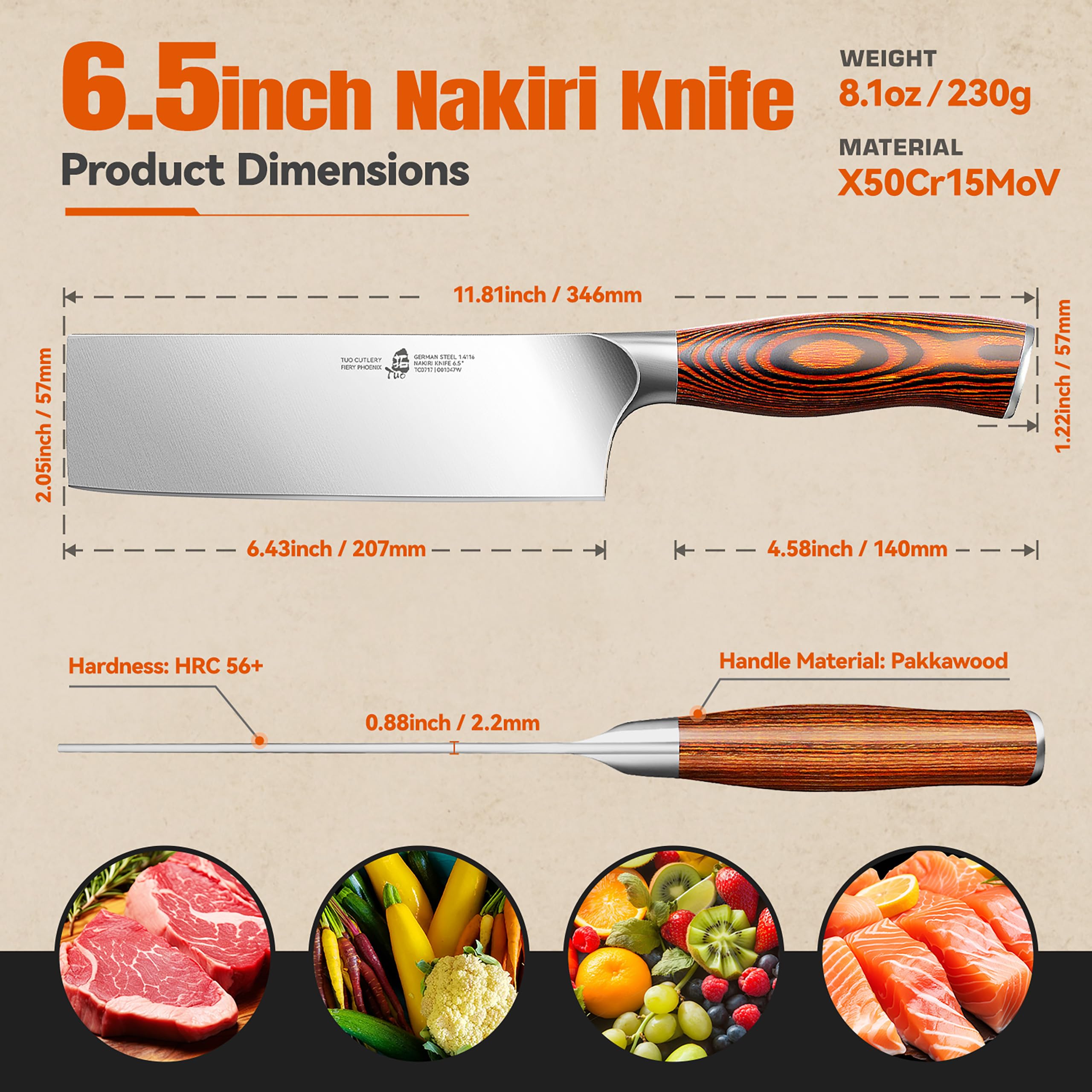 TUO Nakiri ergonomic grip design for comfortable prep