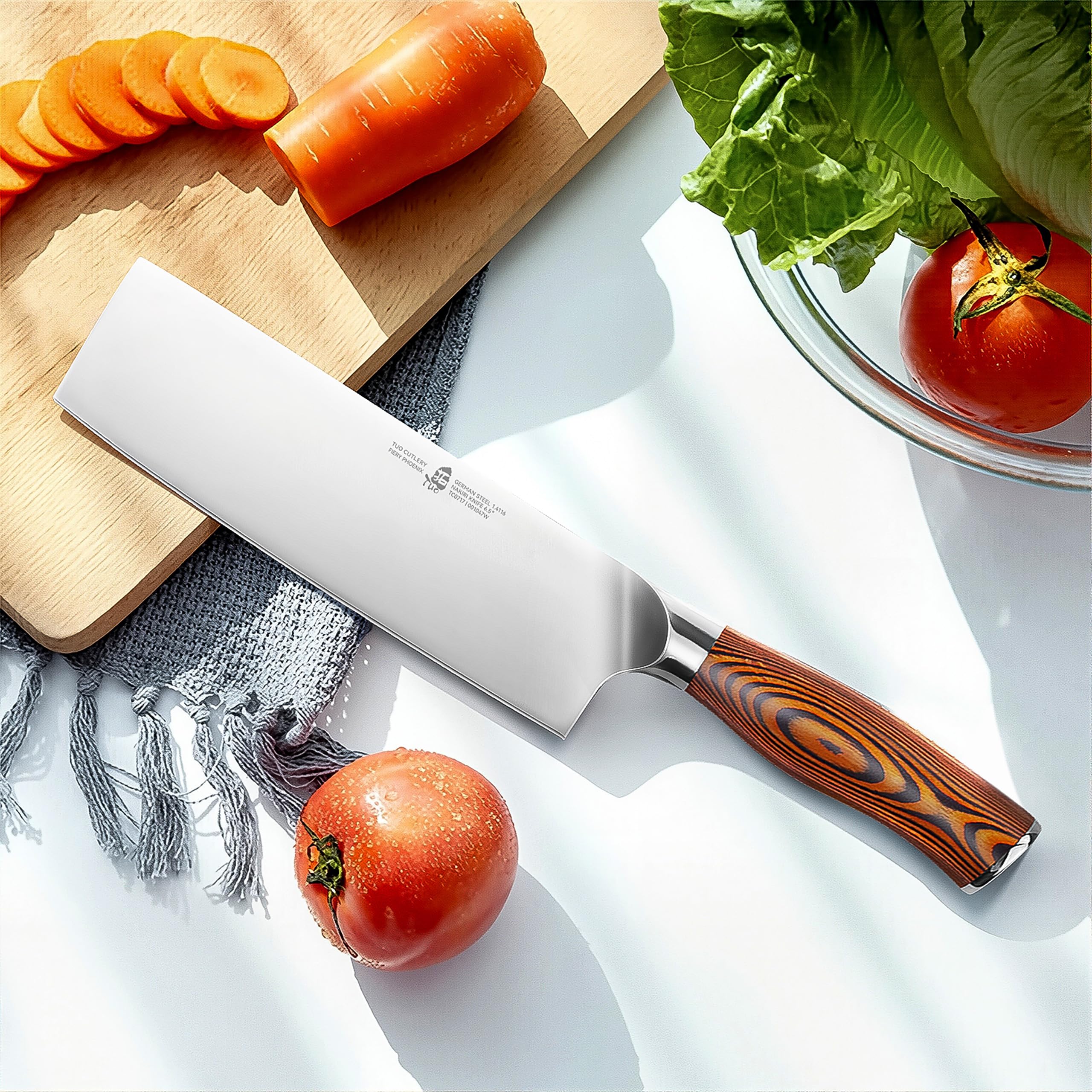 TUO Nakiri knife with luxury pakkawood handle close-up grip