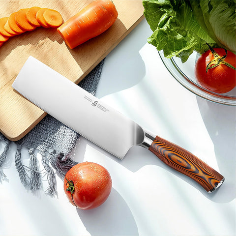 TUO Nakiri knife with luxury pakkawood handle close-up grip