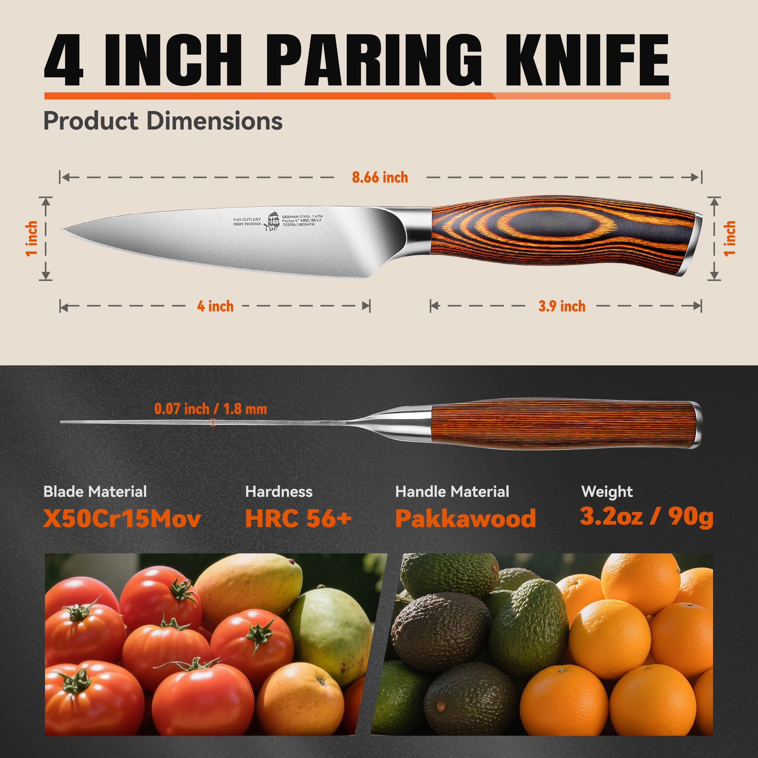 High carbon German stainless steel TUO blade resists rust and holds edge.
