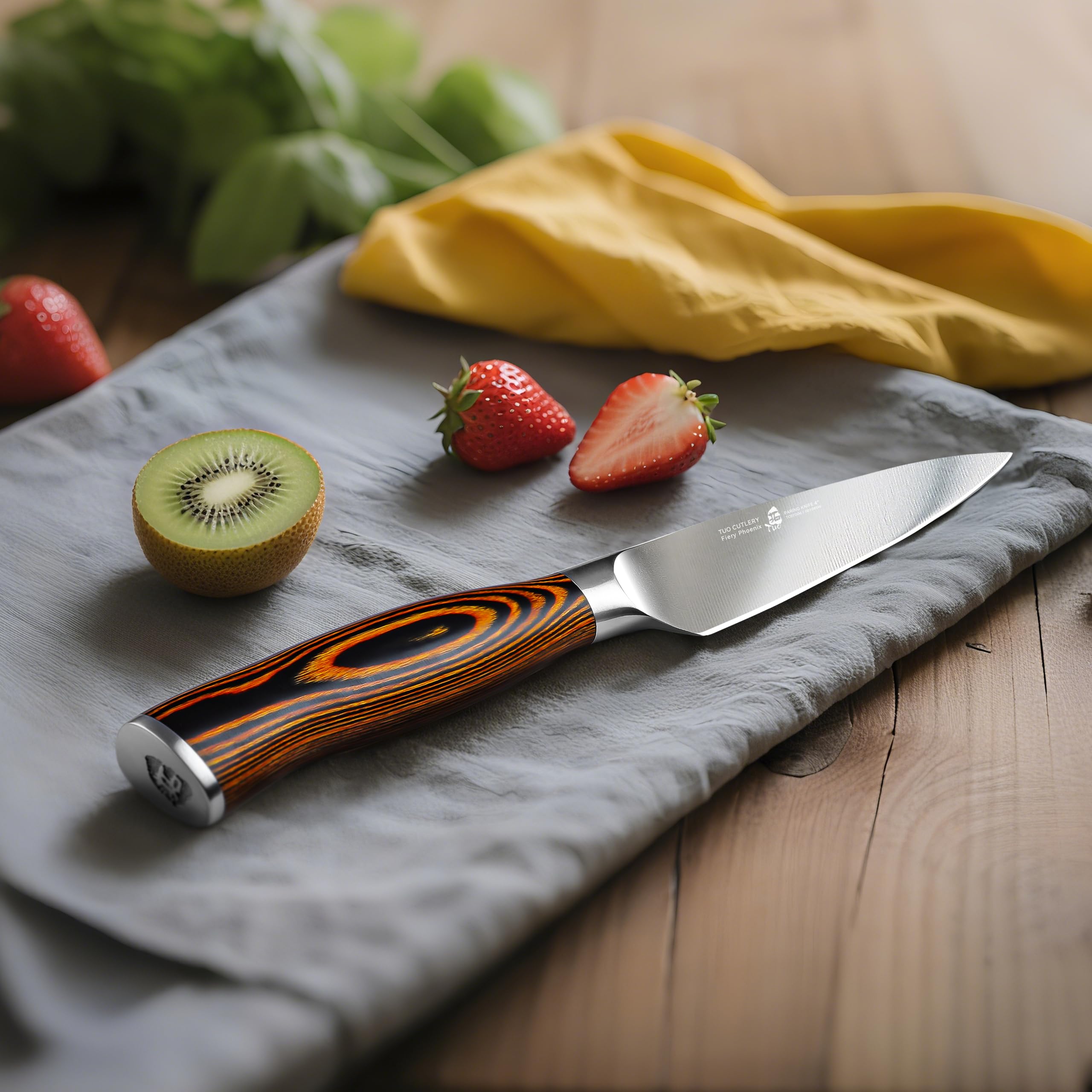 Lemon garnish slicing with TUO paring knife for citrus prep.