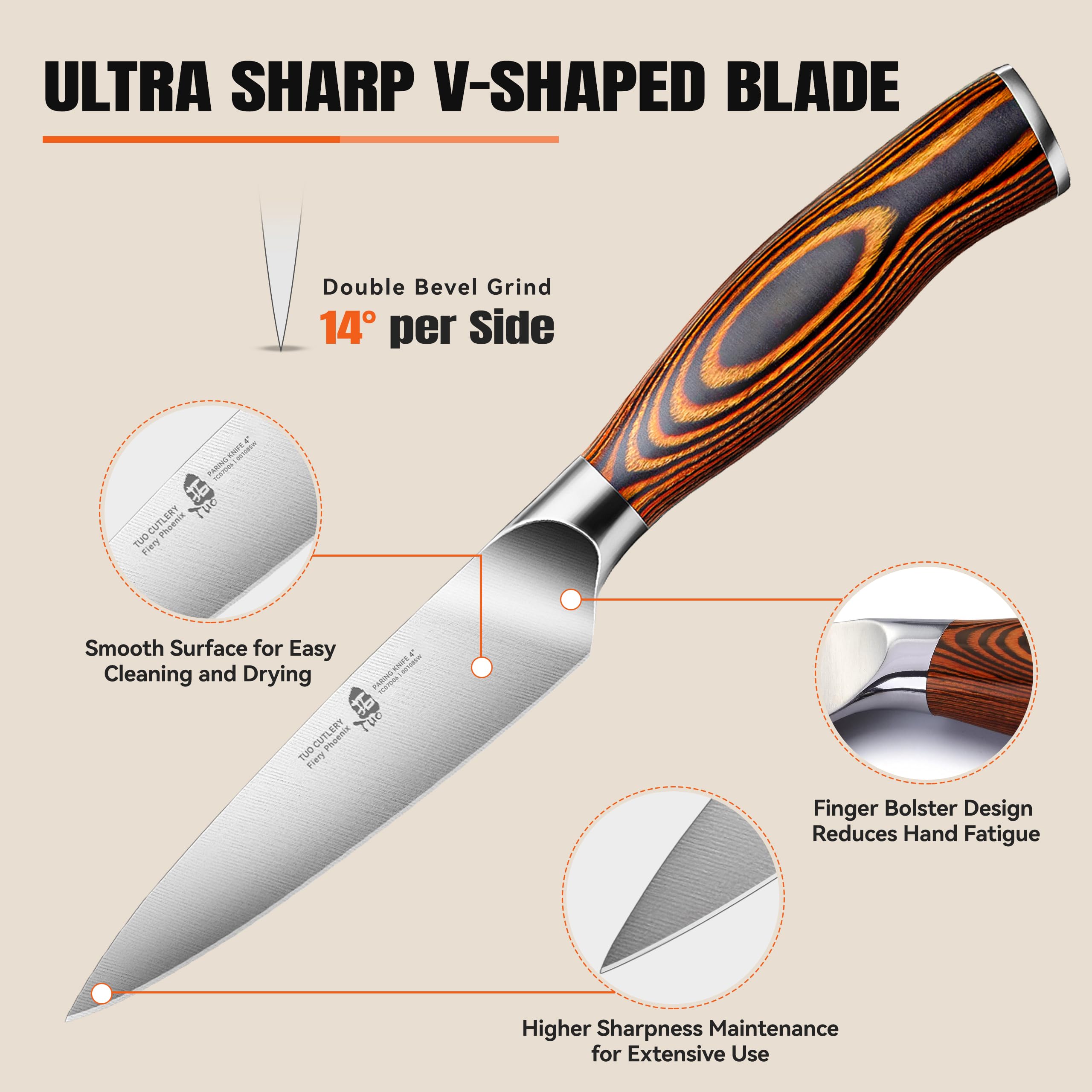 Luxurious TUO case included with paring knife for gifting.
