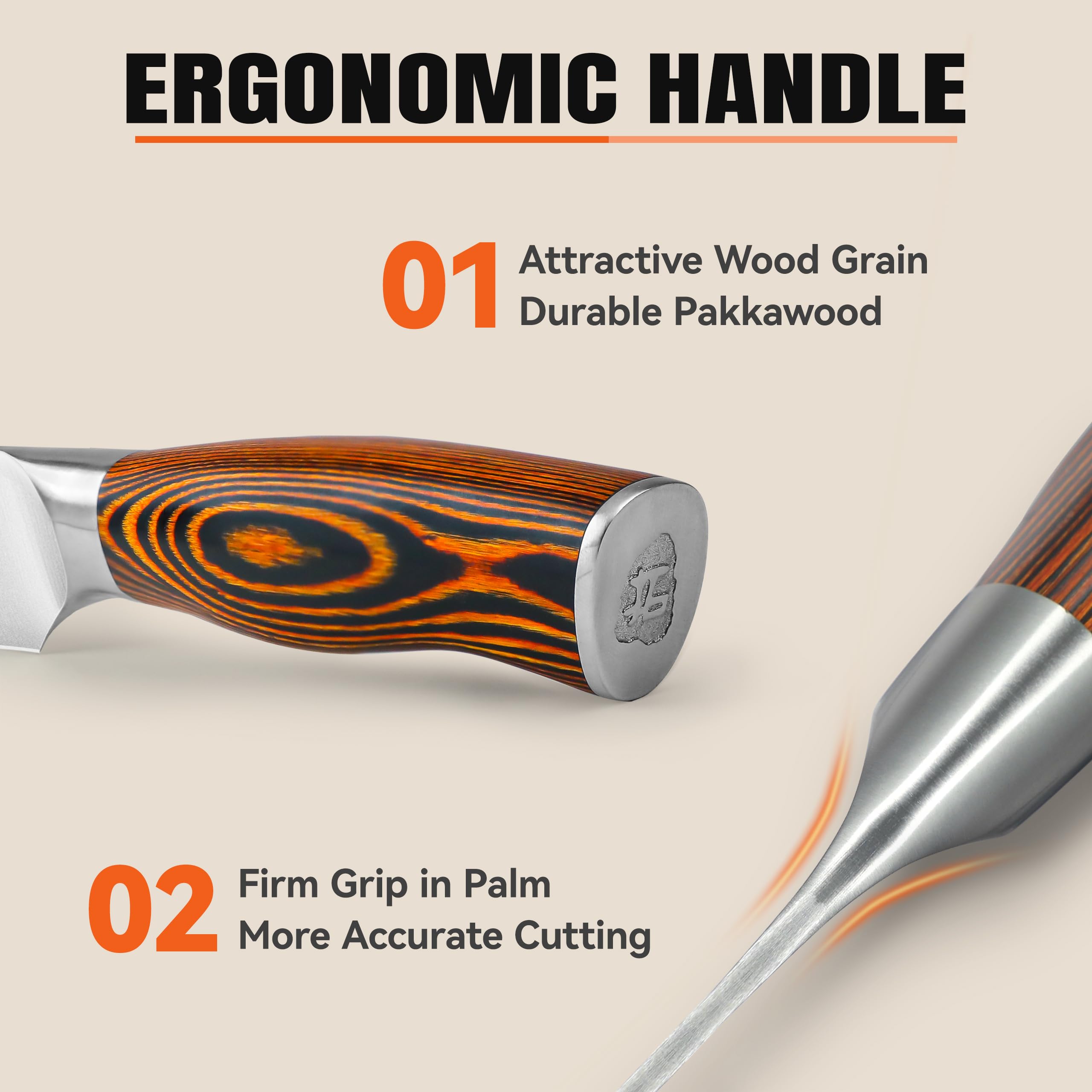 Polished pakkawood handle detail on TUO paring knife.
