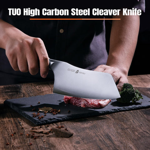 TUO cleaver pakkawood handle close-up highlighting ergonomic grip