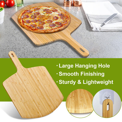 TUOCON pizza peel with tapered blade lifts pizzas effortlessly.