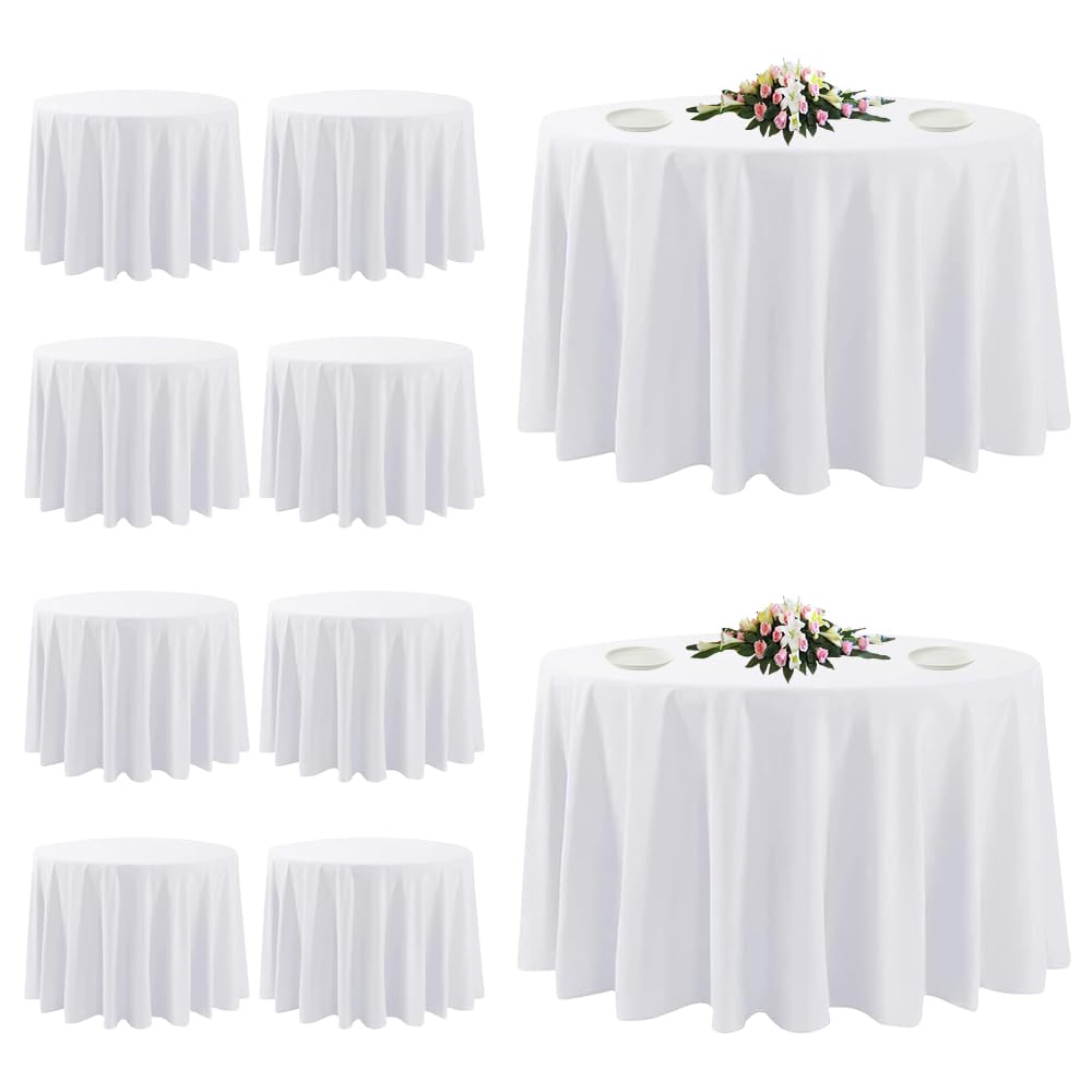 TUOTPE 10-pack white round tablecloths in package, ideal for bulk events.